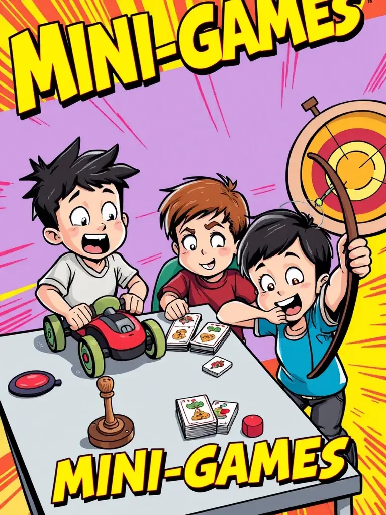 A fun and dynamic image representing the 'Mini-Games' mode in Solflare, featuring various mini-games like racing, memory matching, and target practice, with child avatars enjoying each activity.
