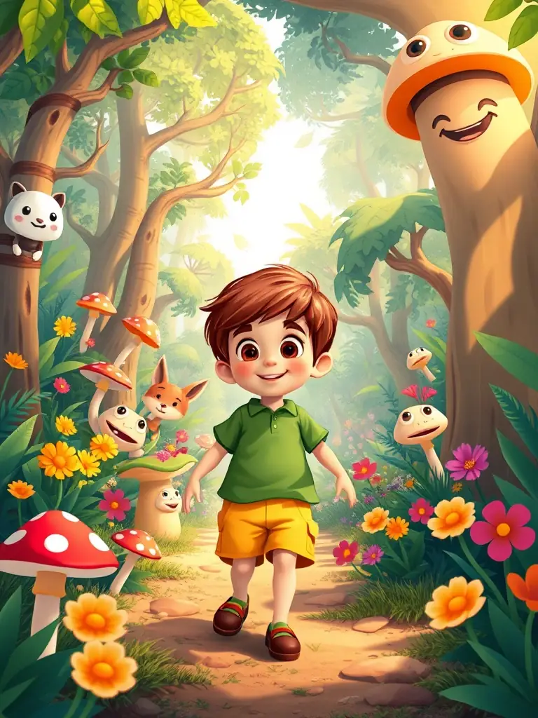 A vibrant, cartoon-style image depicting the 'Adventure Mode' in Solflare, showing a child avatar exploring a colorful forest filled with friendly creatures and interactive elements.