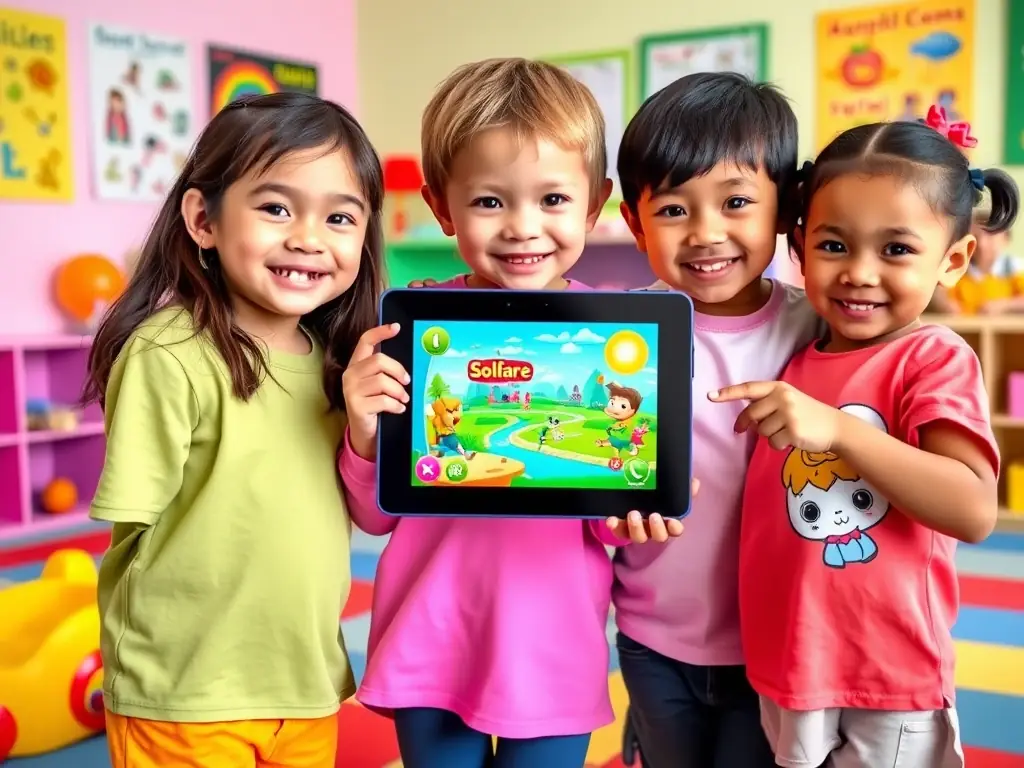 A screenshot from Solflare showcasing the game's vibrant and colorful graphics, with children characters interacting in a playful environment.